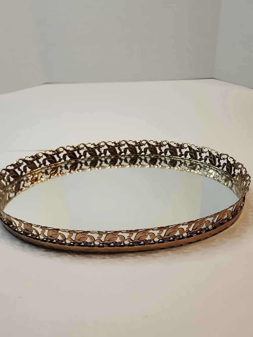 Ornate Oval Mirrored Vanity Tray in Gold Tone Dark Red Velvet Backing